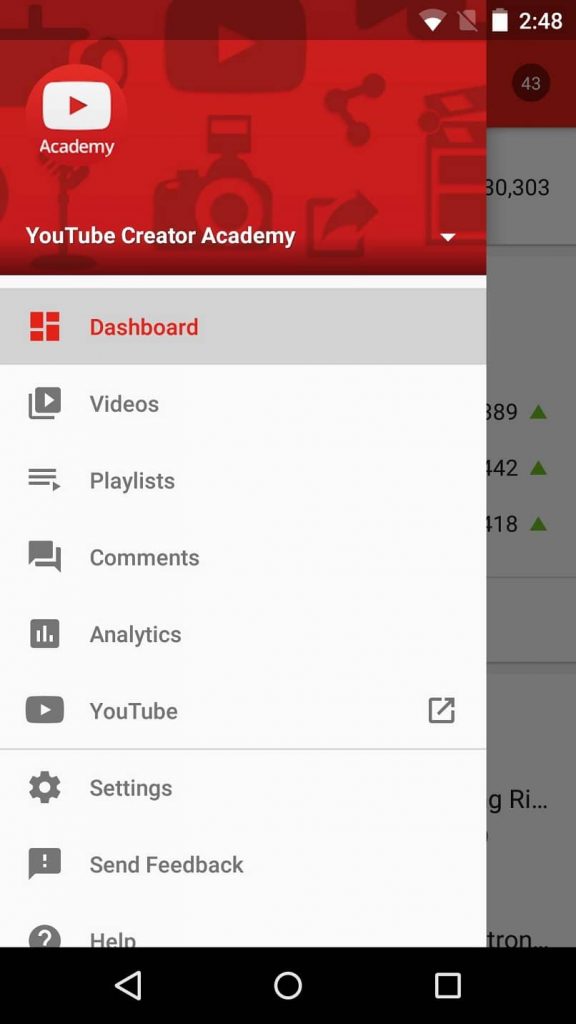 Youtube Studio application main menu