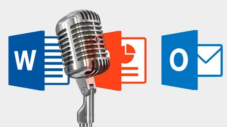 A microphone, Word and Outlook icons