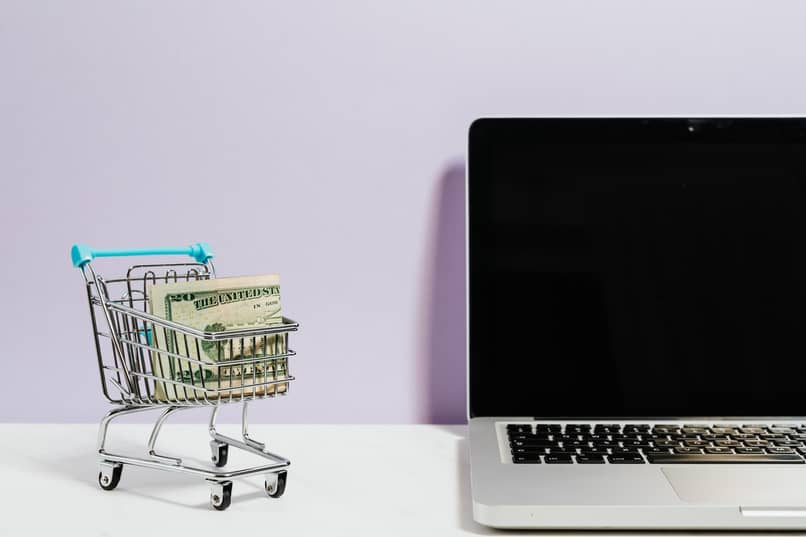 shopping cart, money and laptop