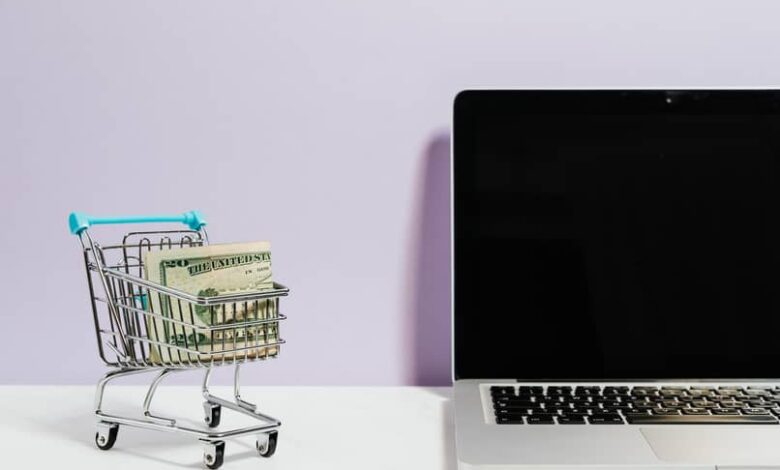 shopping cart, money and laptop