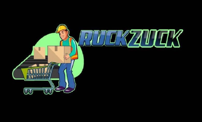 RuckZuck worker placing boxes in basket and black background