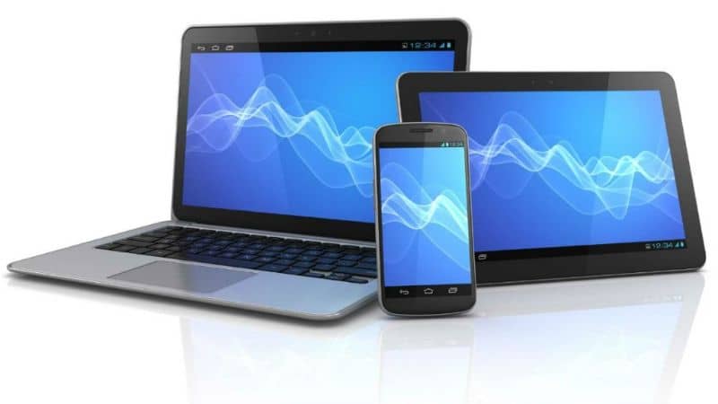 laptop, tablet and mobile screen blue background white background 