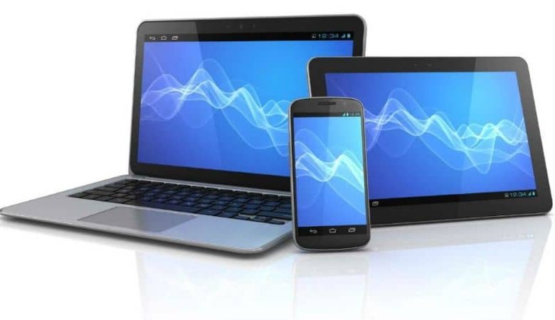 laptop, tablet and mobile screen blue background white background