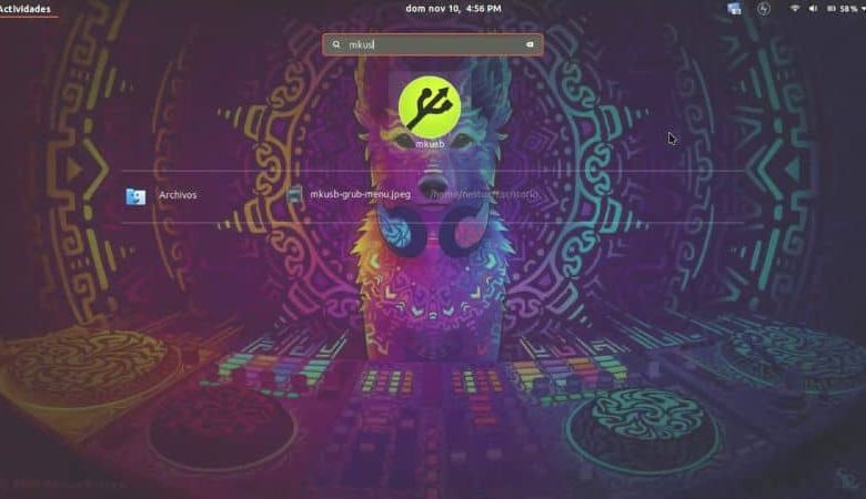 mkusb on ubuntu with colorful wolf background on console