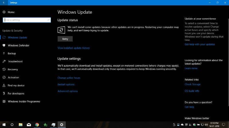 black screen of settings in windows update